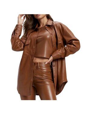 Good American Better Than Leather Faux Leather Shacket Women's 1/2 Burnt Caramel